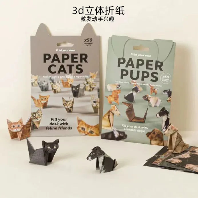DIY Origami Paper Cats Dogs Dinosaurs Kit 50Pcs Fold Your Own Animal Craft Cute 3D Desk Decor Toy for Kids Adults Beginners Gift